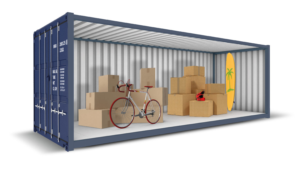 Container per depositi self storage sicuri e flessibili | Kasali Traslochi Interno di un container self storage Kasali Traslochi con scatole impilate, bicicletta e tavola da surf
